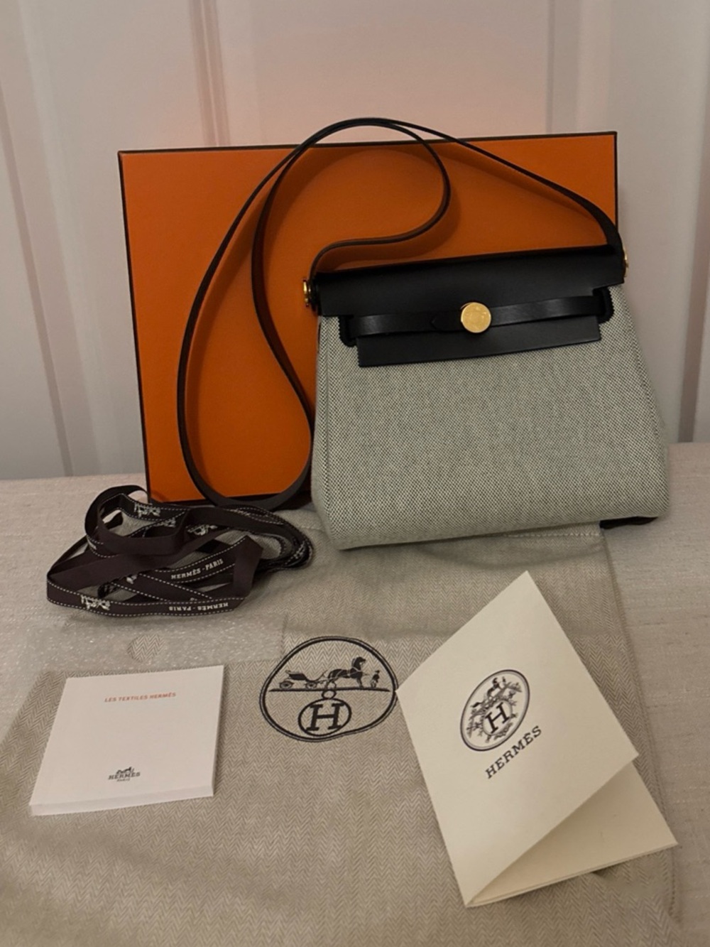 Authentic Hermes Mini Herbag Zip 20 Canvas/Cowhide Ecru-Vert Moyer/Noir